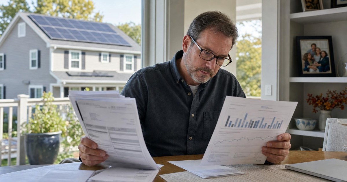 Delaware homeowner comparing a solar production statement with accumulated electric bill credits.